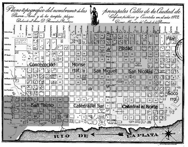 Plano de las principales calles y parroquias de la Ciudad de Buenos Aires (Plano de Bertr&eacute;s). A&ntilde;o 1822