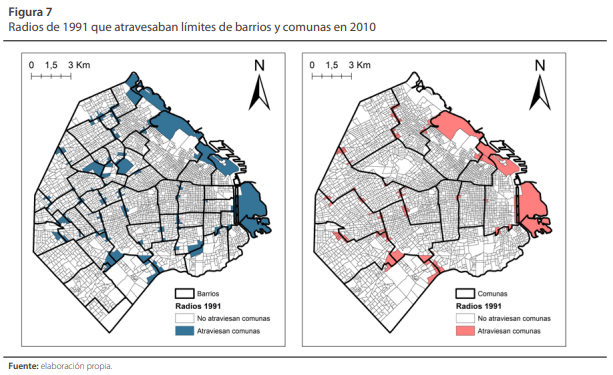 Radios de 1991 que atravesaban l�mites de barrios y comunas en 2010  
