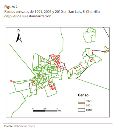 Radios censales de 1991, 2001 y 2010 en San Luis, El Chorrillo, despu�s de su estandarizaci�n   