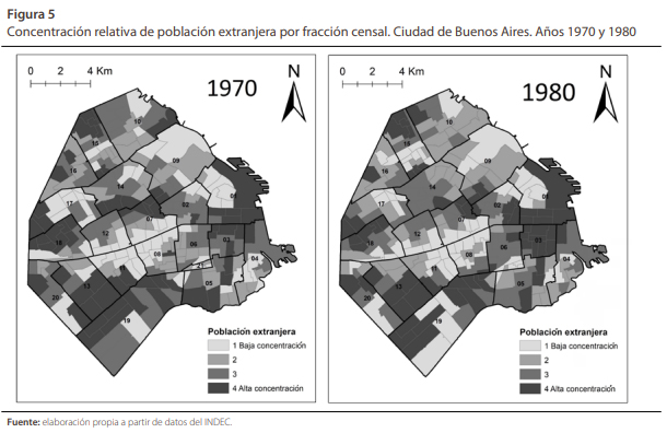 Concentraci�n relativa de poblaci�n extranjera por fracci�n censal. Ciudad de Buenos Aires. A�os 1970 y 1980  