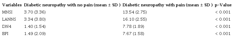 Scores of the instruments for screening painful neuropathy in T2DM, according to NP