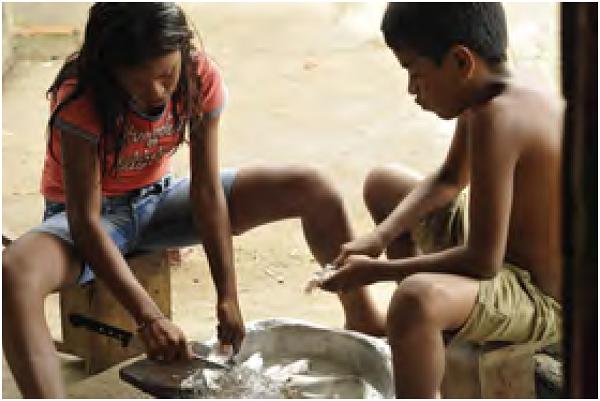 Dois irm&atilde;os tratando peixe