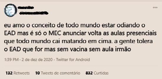 Tuíte de aluno de ensino superior