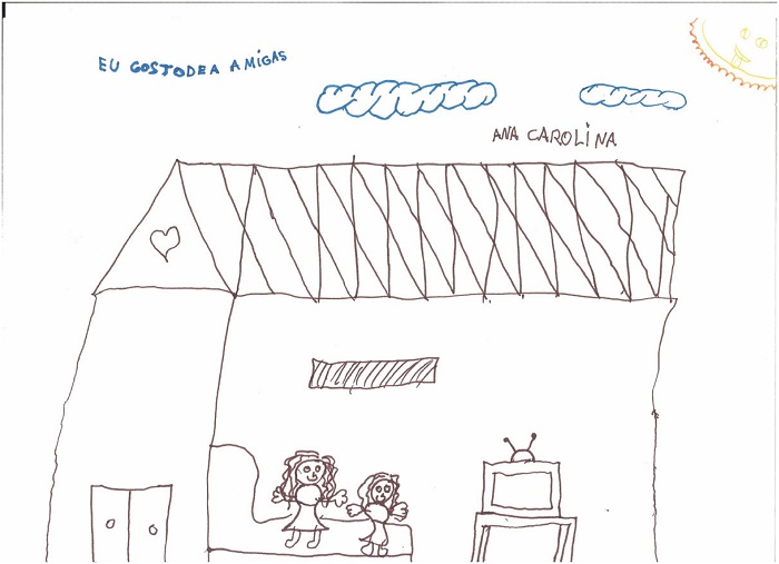Desenho de Ana, 8 anos, representando ela ao lado da m&atilde;e e sua casa &ndash; 2017