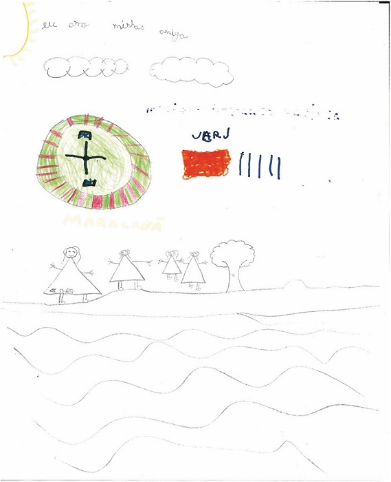 Desenho de Maria, 7 anos, representando o &ldquo;Maracan&atilde;&rdquo;, a &ldquo;Uerj&rdquo; e as &ldquo;amigas&rdquo; &ndash; 2017