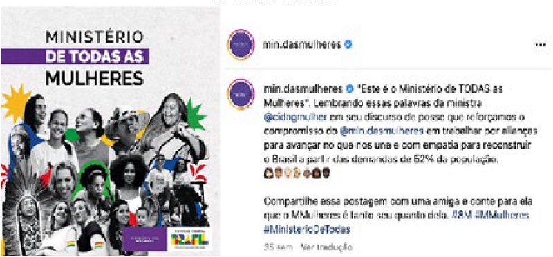 Publicação de 15 de fevereiro de 2023 do Ministério das Mulheres com a frase "Ministério de Todas as Mulheres".