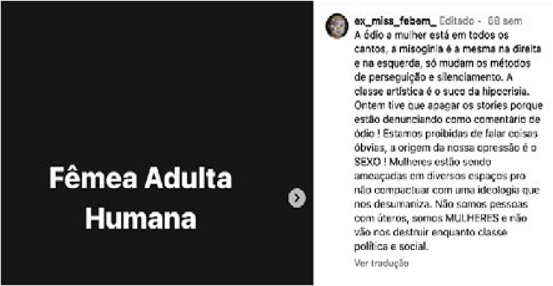 Publicação "Se você não consegue definir uma mulher, você não pode lutar pelo direito das mulheres" do Instagram da "Ex Miss Febem", publicado em 27 de junho de 2022
