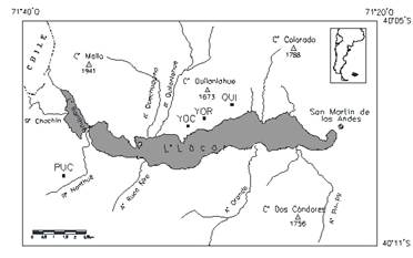 Location of the sampling sites Quilanlahue (QUI), Yuco Alto Oriental (YOR), Yuco Alto Occidental (YOC) and Pucará (PUC), the weather station Quechuquina and the city of San Martín de los Andes within the lake Lácar watershed from Argentina.