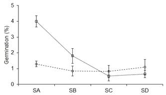 Germination of N. obliqua (circle, dashed line) and N. nervosa seeds (square, dotted line) as a function of substrate (SA: deep mineral, SB: superfi cial mineral, SC: organic 1, SD: organic 2). Vertical bars indicate SE of the mean for n = 9. There is a signifi cant interaction between substrate and species on germination (ANOVA, p < 0.05) (Test II).