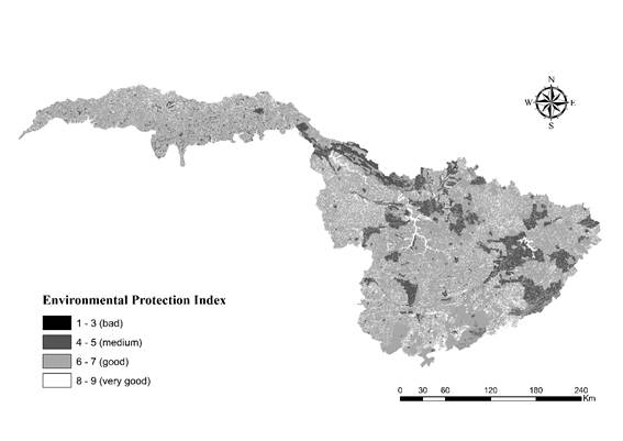 Combination map of the factors: soil class, land use classification, water quality index and economic ecological index, generated through multi-criteria decision analysis in Rio Grande basin, Minas Gerais state. Values closer to 1 indicate areas with lower environmental protection, and values closer to 9 indicate areas with higher environmental protection.