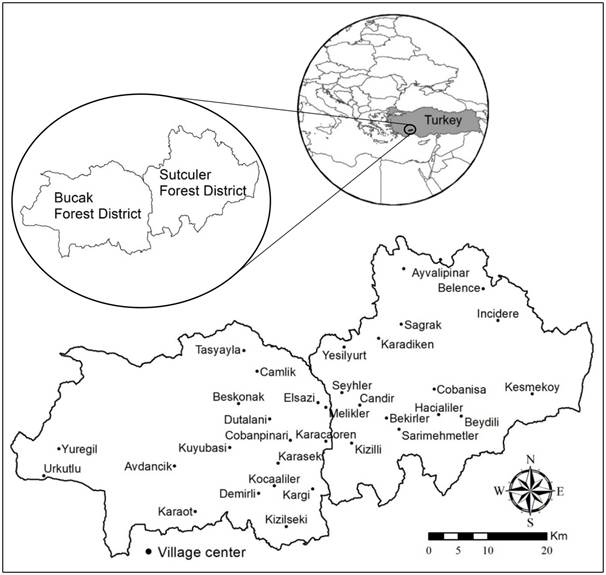 Location of forest village cooperatives in Bucak and Sutculer forest districts in West Mediterranean Region of Turkey.