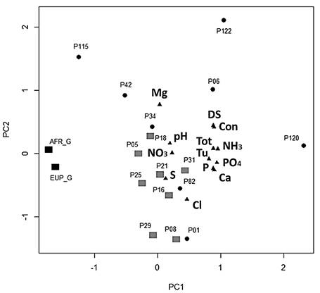 Principal component analysis (PCA) of gross precipitation and throughfall sample points in two forest stands. Black rectangles - gross precipitation sample points; AFR_G - Atlantic Forest Remnant gross precipitation; EUP_G - Eucalyptus urograndis plantation gross precipitation; Gray rectangles - EUP throughfall sample points; Black dots - AFR throughfall sample points; Black triangles - physical-chemical water variables. NH3 - Ammonia; PO43- - Phosphate; SO42- - Sulfate; NO3- - Nitrate; CI- - Chloride; Total hard - Total hardness; Ca - Calcium hardness, Mg - Magnesium hardness; DS - Total Dissolved Solids, Tur - Turbidity; Con - Electric Conductivity.