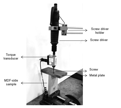 Test setup for obtaining the torque data for side specimen of MDF.