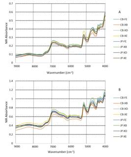 Original NIR spectra collected on powder-reduced material (A) and wood disc (B).