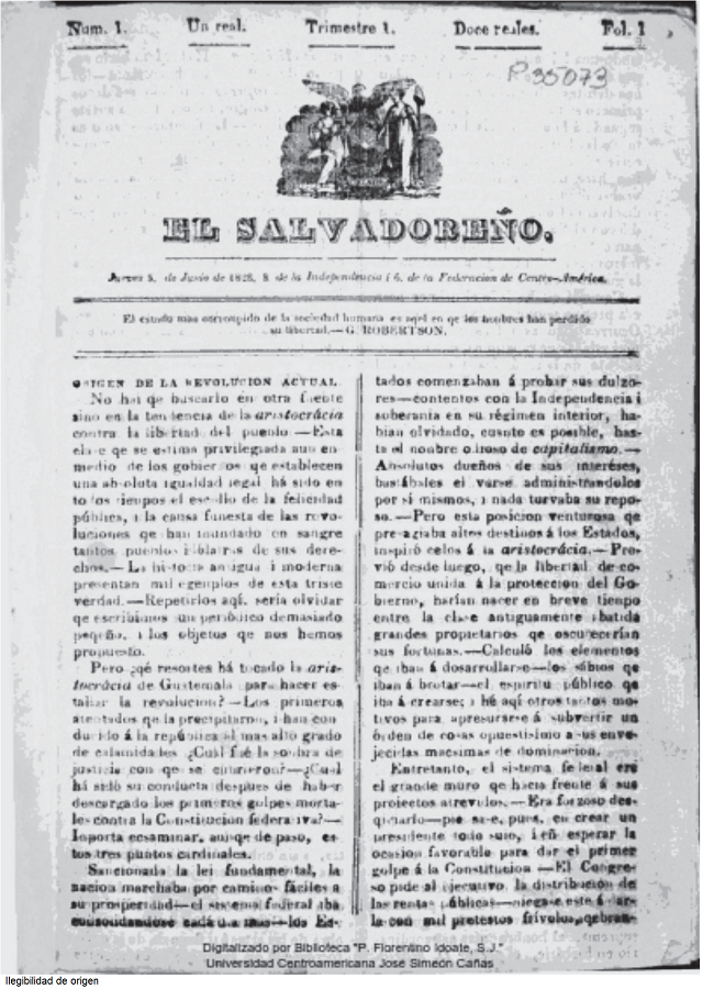 Portada de El Salvadoreño, núm. 1
