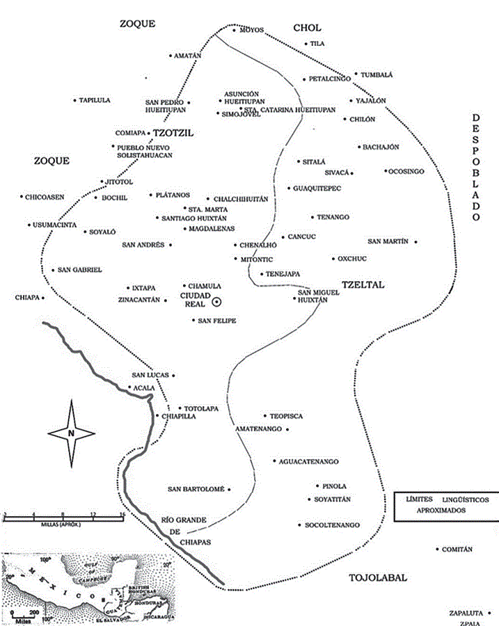 Distrubución y localización de los pueblos tseltales y tsotsiles hacia 1800