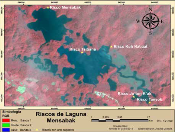Mapa de ubicaci&oacute;n de los cinco riscos de Laguna Mensabak