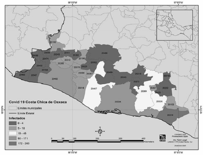 Distribuci&oacute;n de casos COVID en municipios de la regi&oacute;n Costa, Oaxaca Enero, 2021 