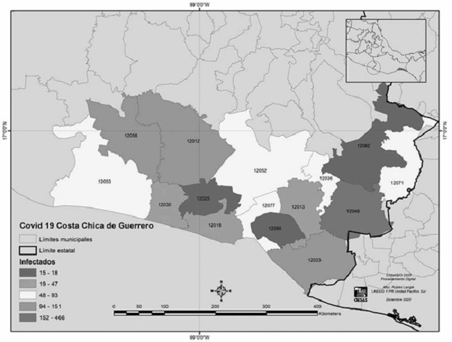 Distribuci&oacute;n de casos COVID en municipios de la Costa Chica de Guerrero 2020