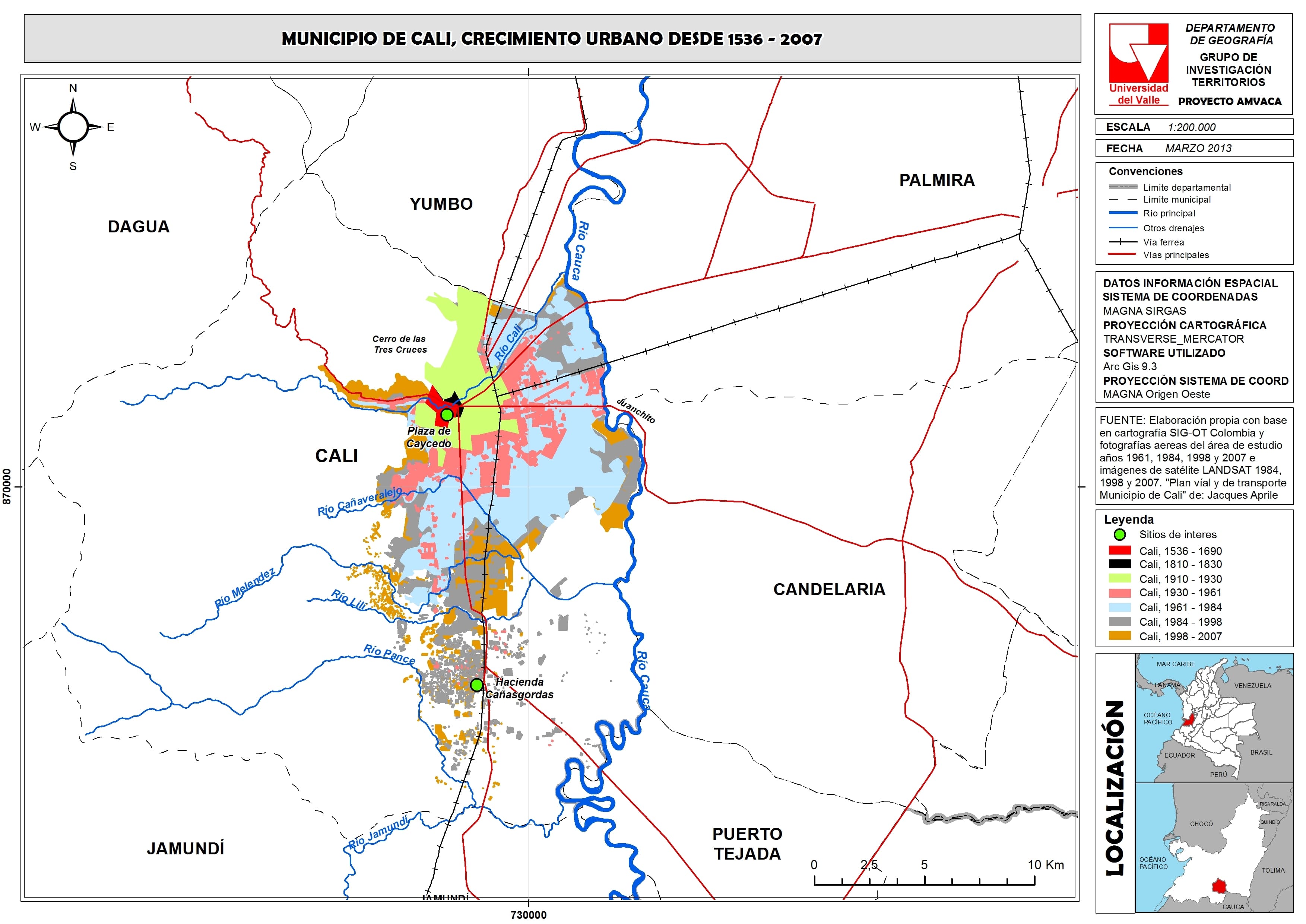 Crecimiento urbano del municipio de Cali entre 1536 y 2007.