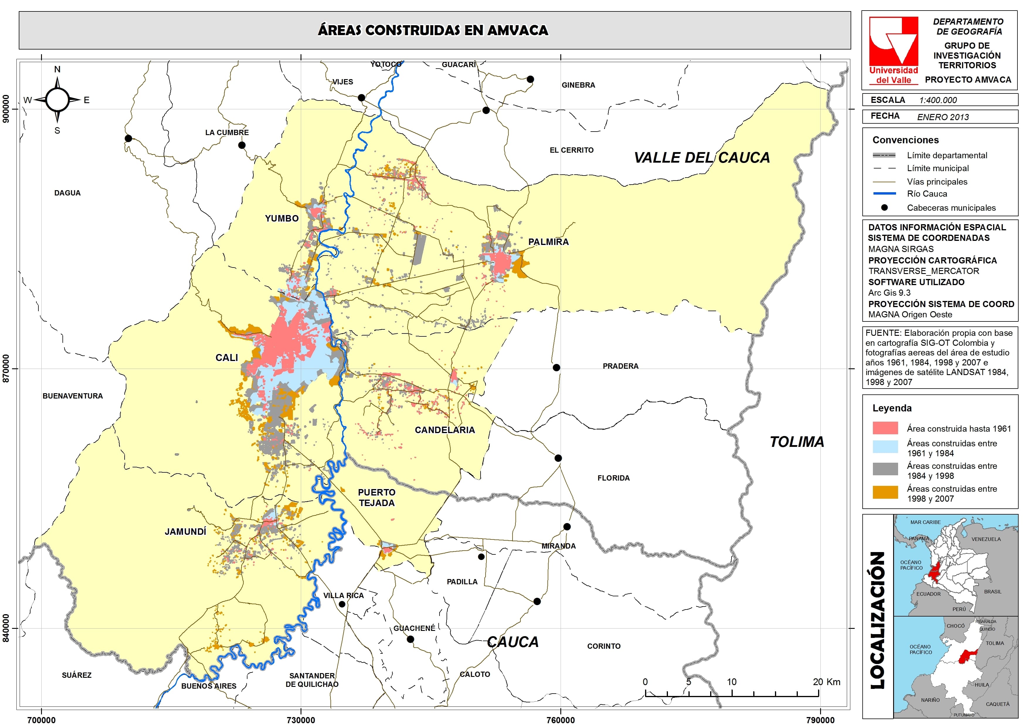 Crecimiento urbano del &aacute;rea metropolitana del sur del Valle y norte del Cauca (AMVACA) entre 1961 y 2007