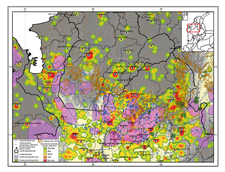 Correlaciones espaciales entre el conflicto armado, la presencia de actores, cultivos de coca y accidentes por minas antipersonal en el corredor Bajo Cauca Antioque&ntilde;o-Nudo del Paramillo-Urab&aacute;
