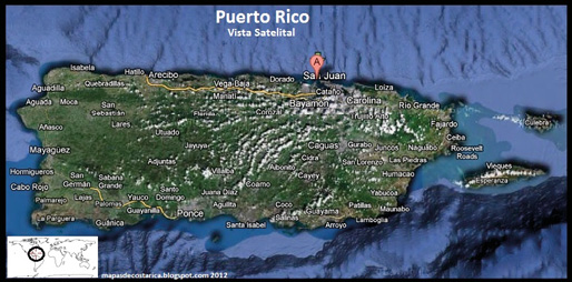 Foto a&eacute;rea de Puerto Rico con la ubicaci&oacute;n de la ciudad de San Juan