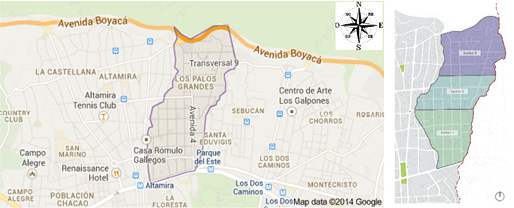 Ubicaci&oacute;n de Los Palos Grandes y de micro-sectores de estudio, municipio Chacao