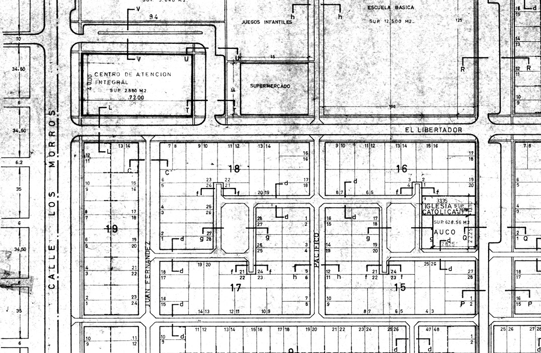 Detalle del plano de loteos de la Población Los Acacios de la Operación Sitio