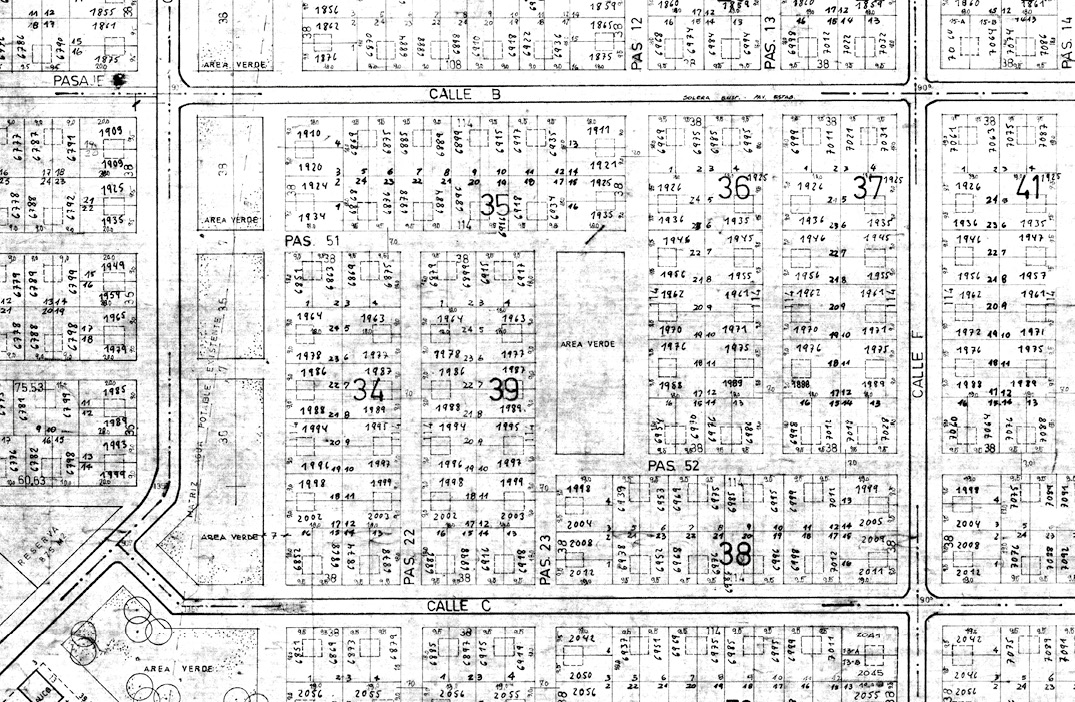 Detalle del plano de loteos de la Población Lo Hermida 1 de la Operación Sitio