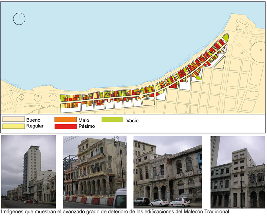 Mapa de los estados constructivos en el Malecón Tradicional donde se observa el gran número de inmuebles en pésimo y mal estado
