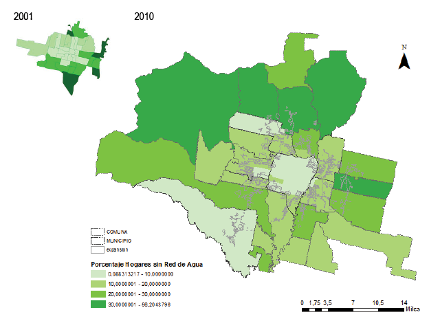 . Distribución territorial de los hogares sin red de agua 2001 (GSMT) y 2010 (SiMeT)