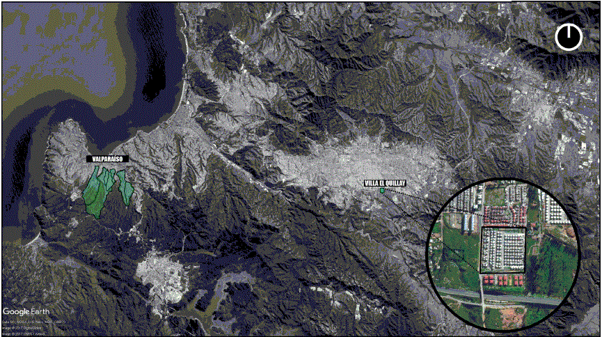 Cerros afectados por el incendio de Valpara&iacute;so y localizaci&oacute;n de Villa El Quillay en la ciudad de Villa Alemana