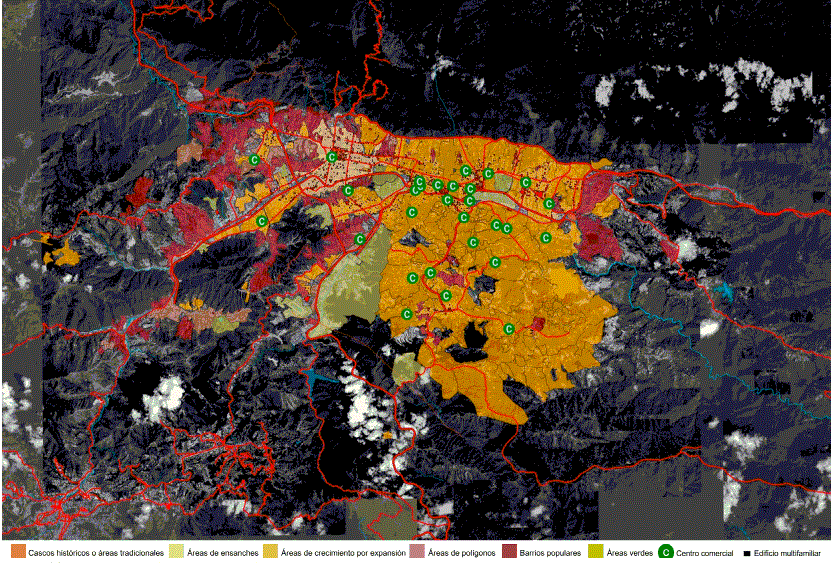 Localización de los centros comerciales tipo mall y los edificios multifamiliares en el Área Metropolitana de Caracas en 1995