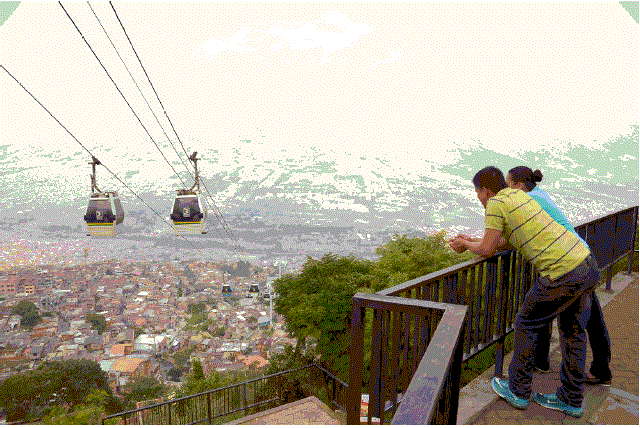 View of Medell&iacute;n and the Metrocables from Espa&ntilde;a Library-Park