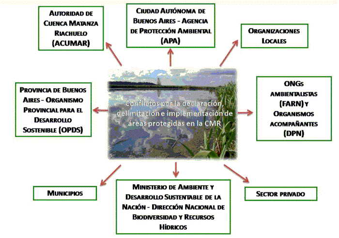 Figura 2. Mapa de actores en los conflictos por la creaci&oacute;n, delimitaci&oacute;n e implementaci&oacute;n de &aacute;reas de protecci&oacute;n ambiental en la CMR