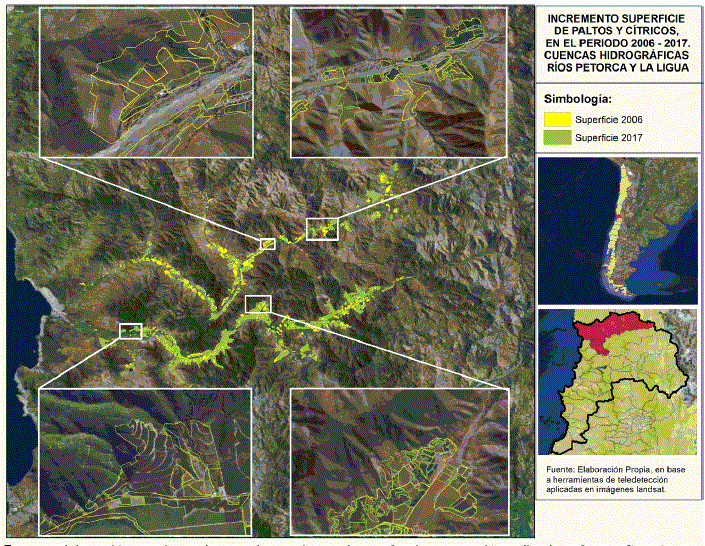 Imagen 1. Incremento de la superficie de paltos y c&iacute;tricos en las cuencas de los r&iacute;os Petorca y Ligua (2006-2017)
			