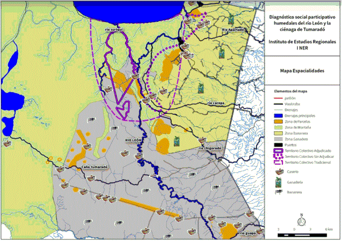 Mapa 2. Espacialidades identificadas en los humedales del r&iacute;o Le&oacute;n y la ci&eacute;naga de Tumarad&oacute;