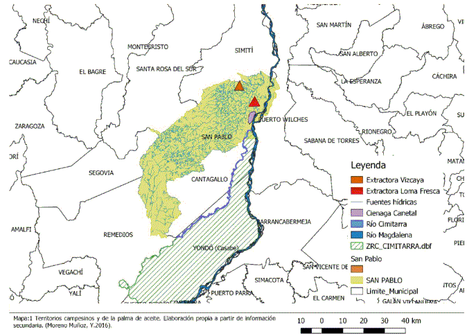 Mapa 1. Territorios campesinos y de la palma de aceite
			