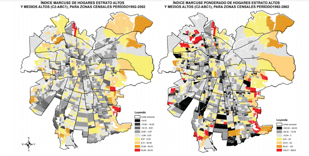Mapa 1. Índice Marcuse e índice Marcuse ponderado para hogares de estratos altos y medios para zonas censales. Santiago de Chile 1992-2002