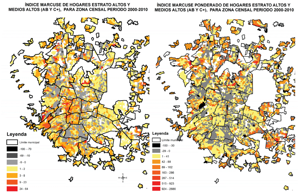 Mapas 4. Variación absoluta de hogares D y E (desplazamiento) e índice Marcuse (gentrificación). Ciudad de México 2000-2010
			