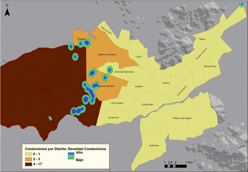 Figura 1. Distribuci&oacute;n de condominios horizontales en Temuco por distritos censales, 2005-2014