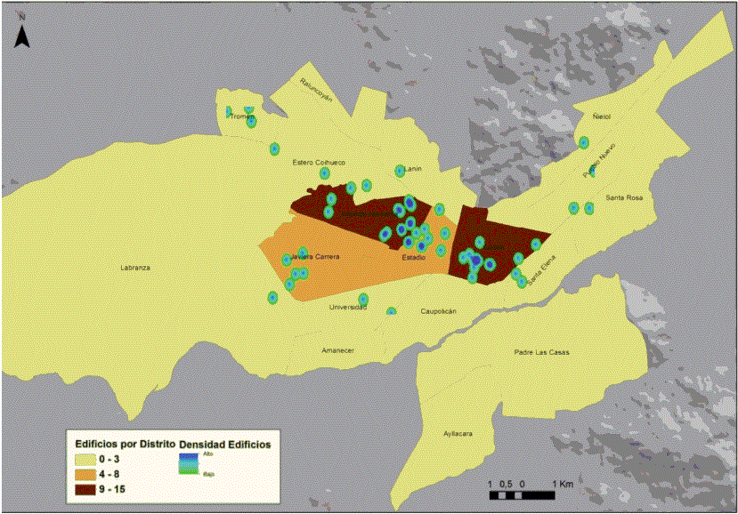 Figura 2. Distribuci&oacute;n de condominios verticales (edificios) en Temuco por distritos censales, 2005-2014