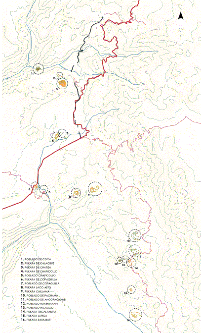 Figura 3. Ubicaci&oacute;n de poblados y pukaras en el trazado del Camino del Inca  
			