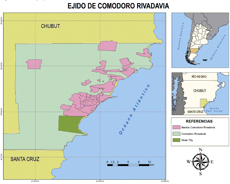 Figura 1. Ubicaci�n geogr�fica de Comodoro Rivadavia y distribuci�n de barrios