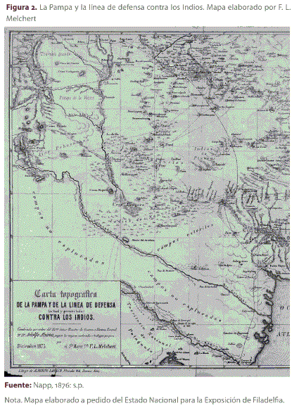 Figura 2. La Pampa y la l�nea de defensa contra los Indios. Mapa elaborado por F. L. Melchert