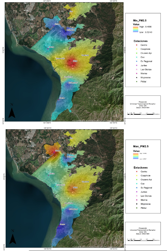 Figura 4. Concentraci&oacute;n de Material Particulado PM2.5 en la zona urbana de Puerto Vallarta. El mapa en la parte de arriba muestra los valores m&iacute;nimos y en la parte de abajo los valores m&aacute;ximos del 2019