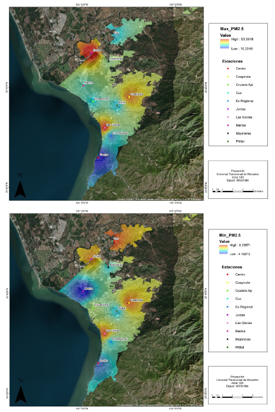 Figura 2. Concentraci&oacute;n de Material Particulado PM2.5 en la zona urbana de Puerto Vallarta, el mapa en la parte de arriba muestra los valores m&iacute;nimos y en la parte de abajo los valores m&aacute;ximos del 2018