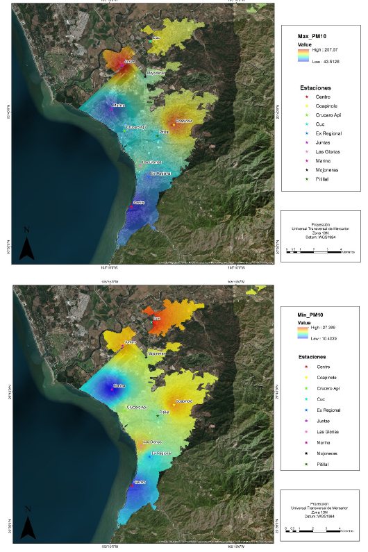 Figura 3. Concentraci&oacute;n de Material Particulado PM10 en la zona urbana de Puerto Vallarta. El mapa en la parte de arriba muestra los valores m&iacute;nimos y el de la parte de abajo los valores m&aacute;ximos del 2018