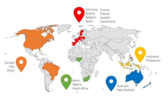 Geographical distribution of the study areas of the reviewed studies